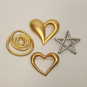 Fashion Brooches Pins Set Of 4 Matte Silver Gold Heart‎ Star Swirl